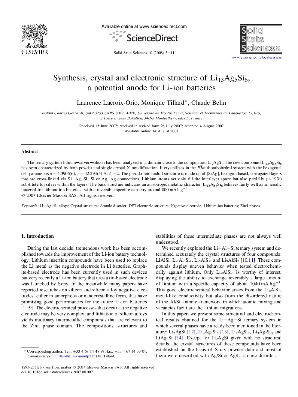 Synthesis, crystal and electronic structure of Li13Ag5Si6, a potential anode for Li-ion batteries