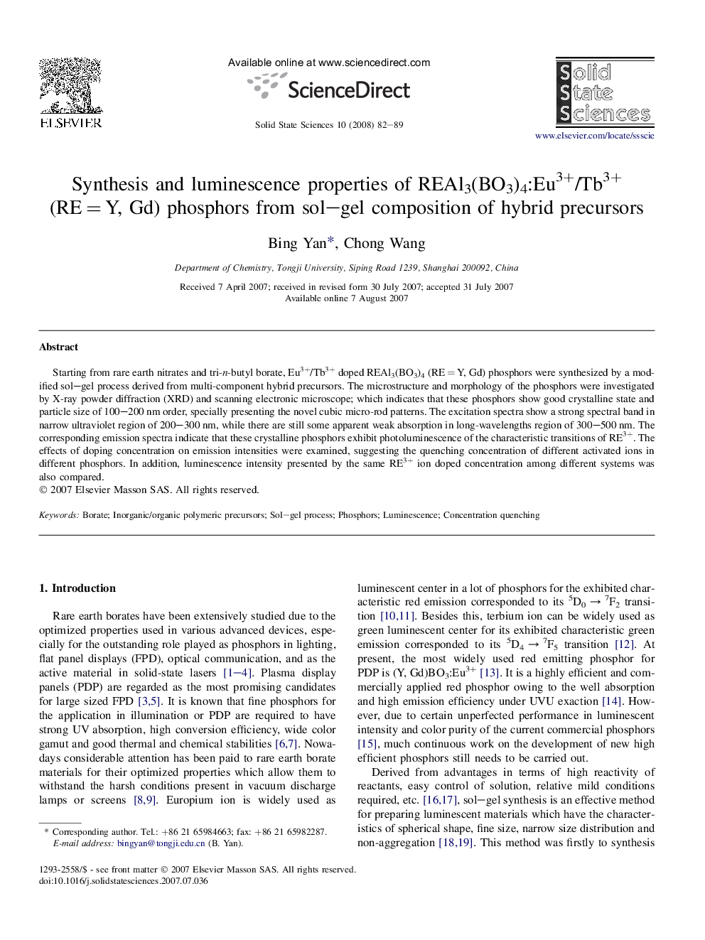 Synthesis and luminescence properties of REAl3(BO3)4:Eu3+/Tb3+ (REÂ =Â Y, Gd) phosphors from sol-gel composition of hybrid precursors