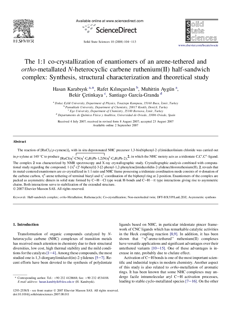 The 1:1 co-crystallization of enantiomers of an arene-tethered and ortho-metallated N-heterocyclic carbene ruthenium(II) half-sandwich complex: Synthesis, structural characterization and theoretical study