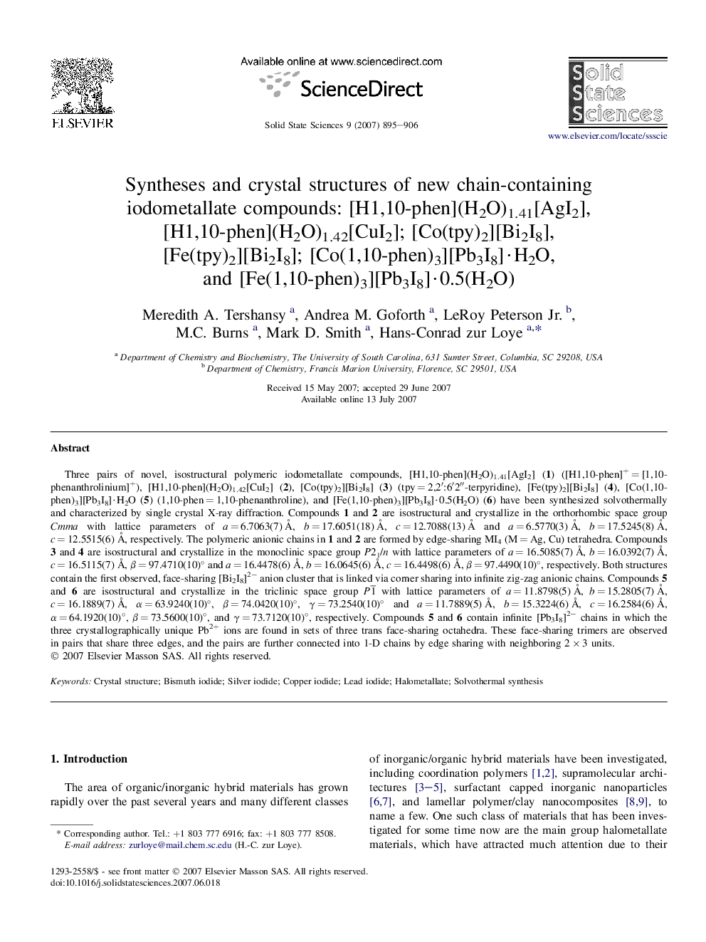 Syntheses and crystal structures of new chain-containing iodometallate compounds: [H1,10-phen](H2O)1.41[AgI2], [H1,10-phen](H2O)1.42[CuI2]; [Co(tpy)2][Bi2I8], [Fe(tpy)2][Bi2I8]; [Co(1,10-phen)3][Pb3I8]·H2O, and [Fe(1,10-phen)3][Pb3I8]·0.5(H2O)