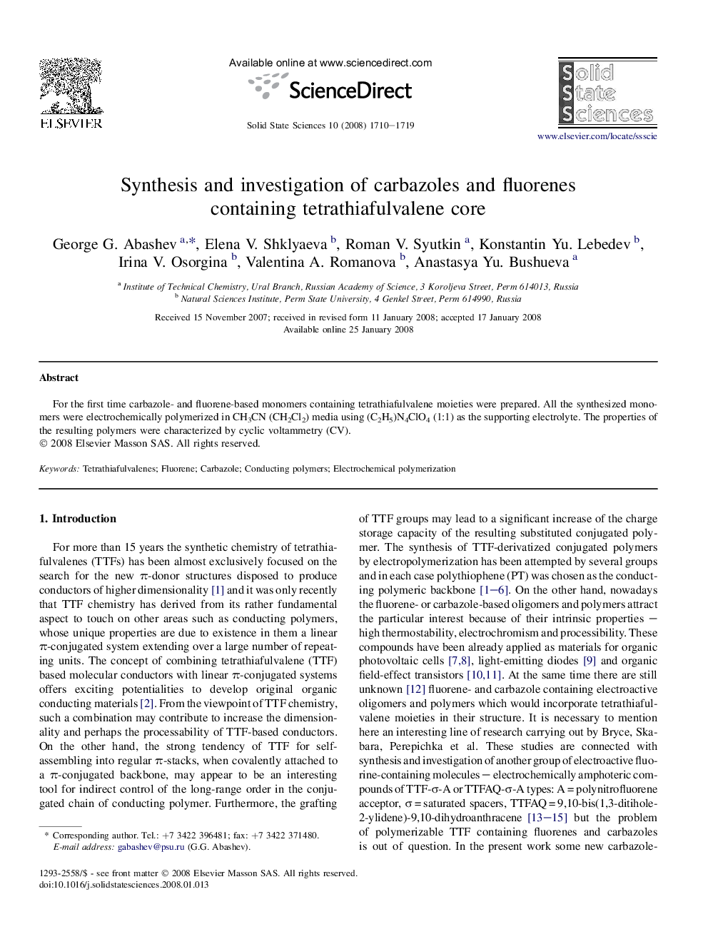 Synthesis and investigation of carbazoles and fluorenes containing tetrathiafulvalene core