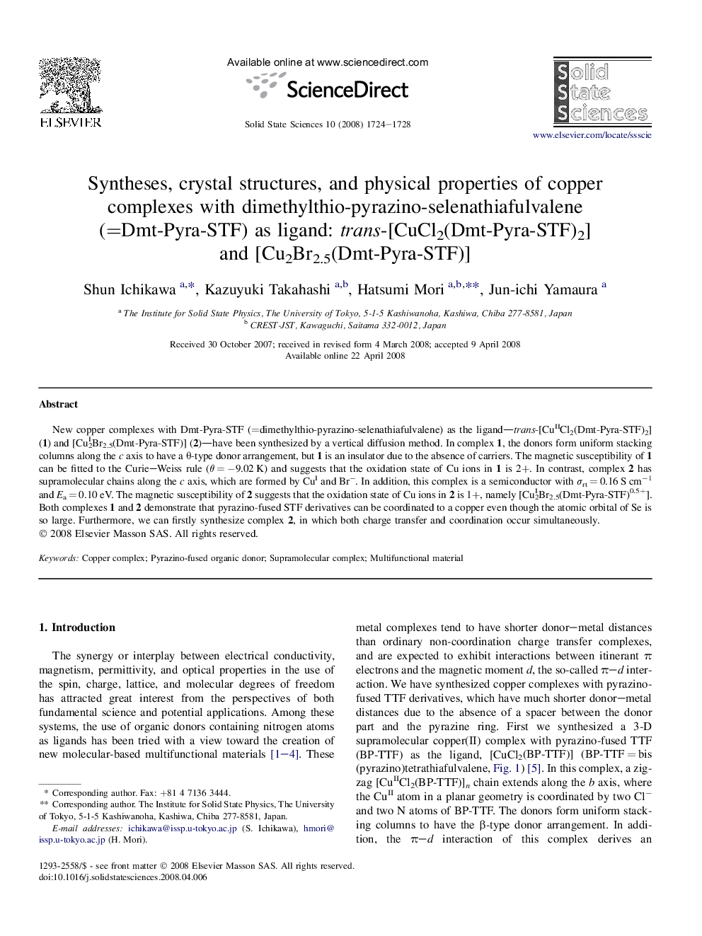 Syntheses, crystal structures, and physical properties of copper complexes with dimethylthio-pyrazino-selenathiafulvalene (=Dmt-Pyra-STF) as ligand: trans-[CuCl2(Dmt-Pyra-STF)2] and [Cu2Br2.5(Dmt-Pyra-STF)]