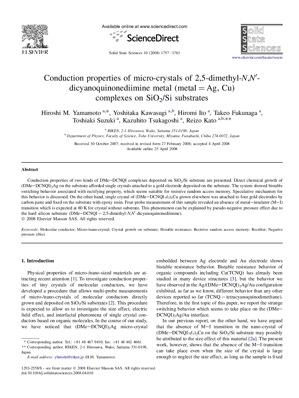 Conduction properties of micro-crystals of 2,5-dimethyl-N,N′-dicyanoquinonediimine metal (metal = Ag, Cu) complexes on SiO2/Si substrates