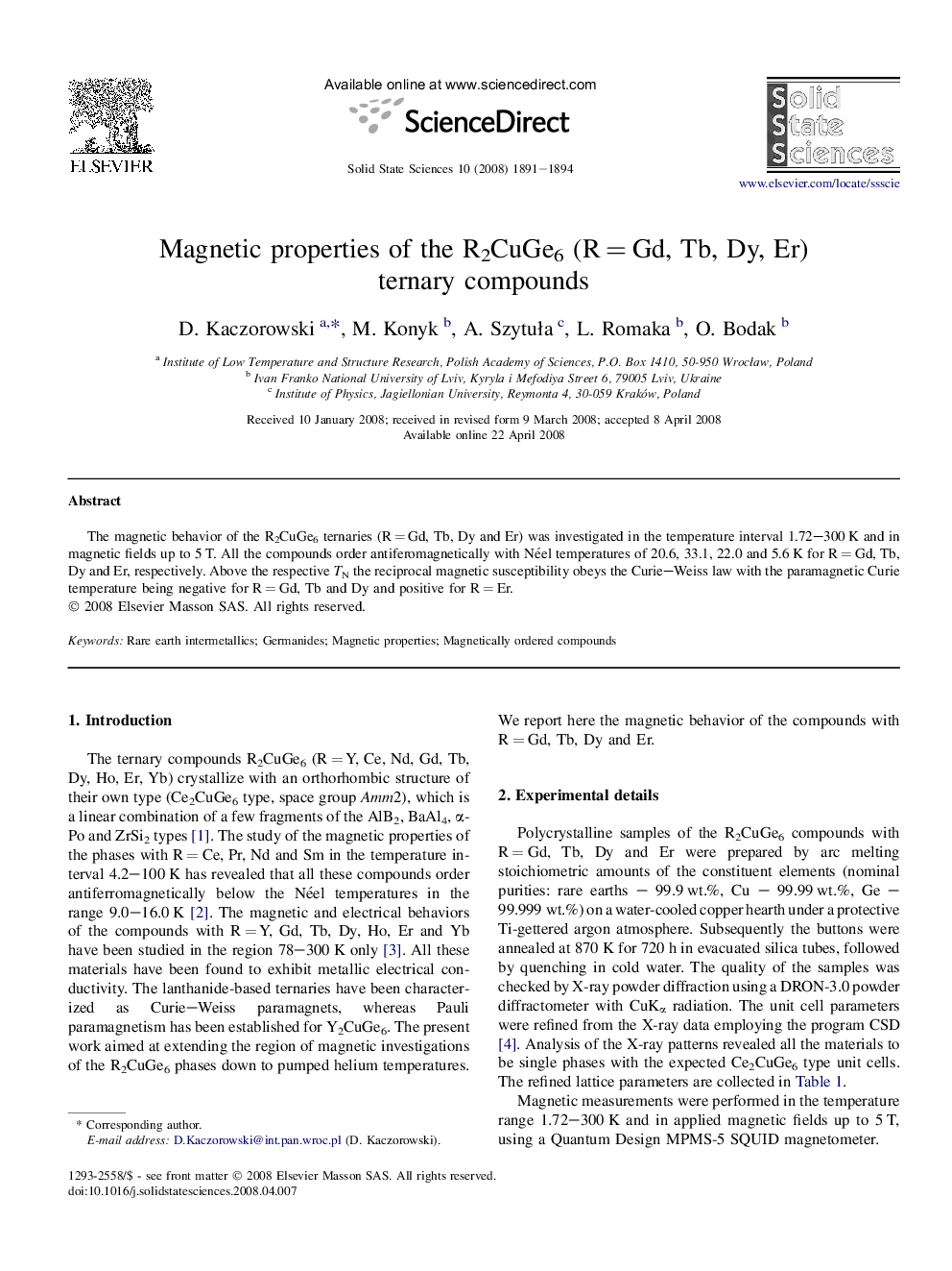 Magnetic properties of the R2CuGe6 (RÂ =Â Gd, Tb, Dy, Er) ternary compounds