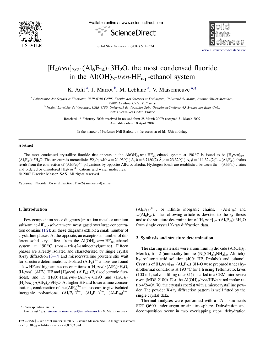 [H4tren]3/2·(Al6F24)·3H2O, the most condensed fluoride in the Al(OH)3-tren-HFaq.-ethanol system