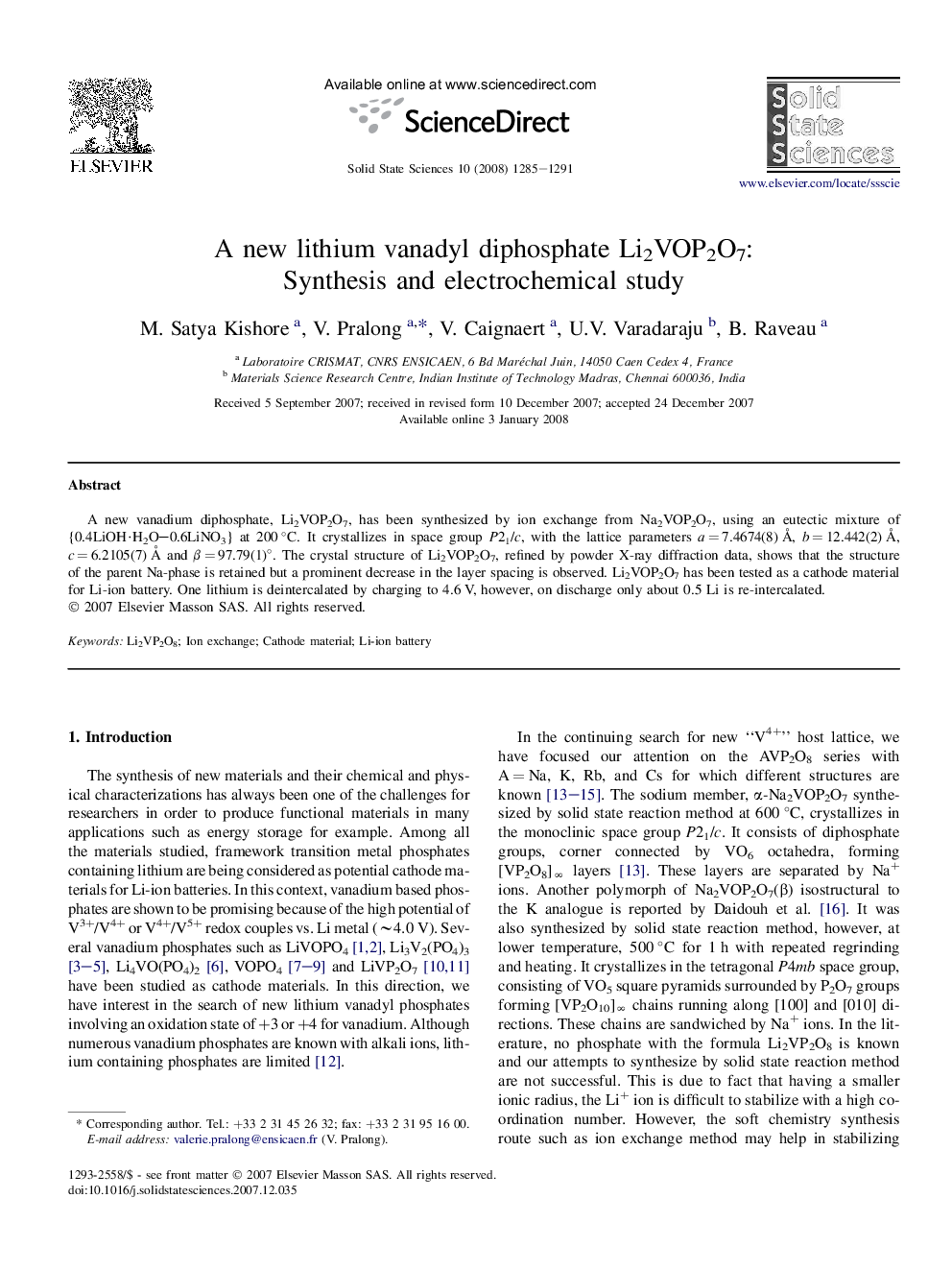 A new lithium vanadyl diphosphate Li2VOP2O7: Synthesis and electrochemical study