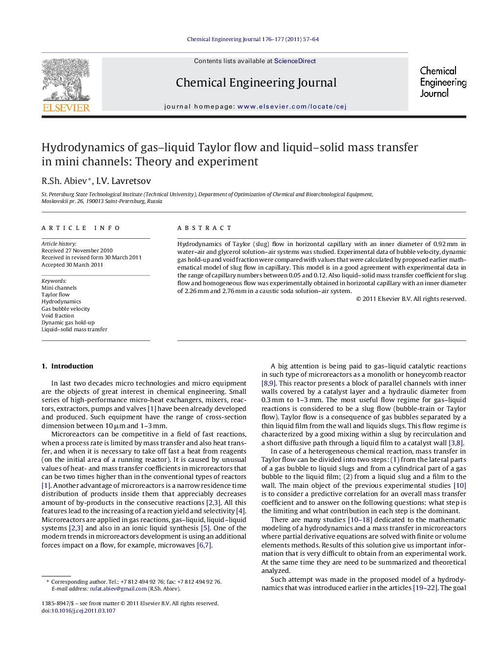 عکس صفحه اول مقاله: Hydrodynamics of gas–liquid Taylor flow and liquid–solid mass transfer in mini channels: Theory and experiment Hydrodynamics of gas–liquid Taylor flow and liquid–solid mass transfer in mini channels: Theory and experiment