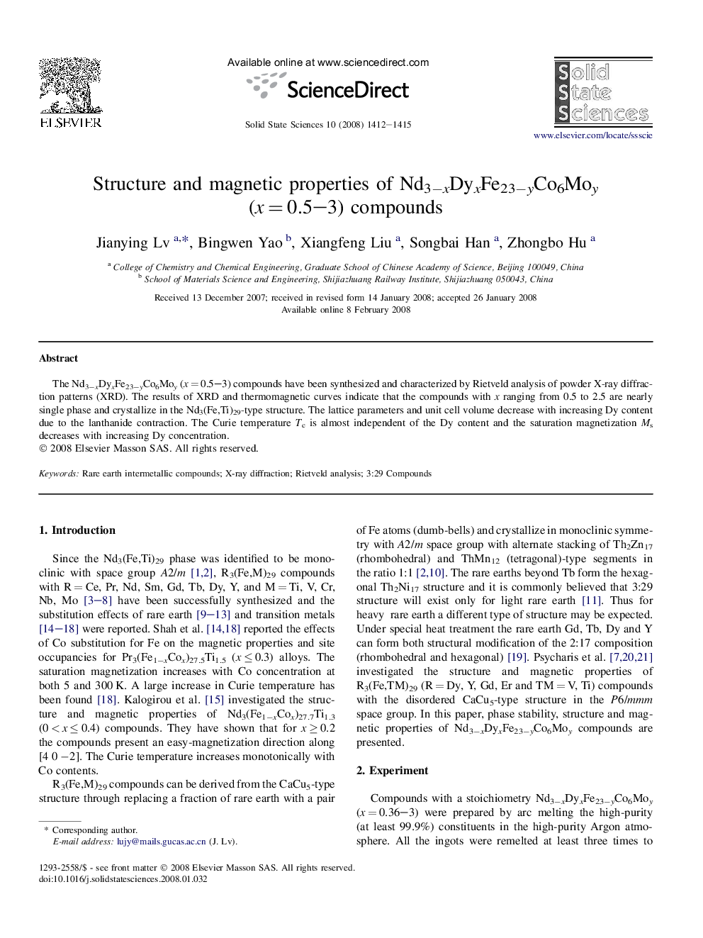 Structure and magnetic properties of Nd3−xDyxFe23−yCo6Moy (x = 0.5–3) compounds