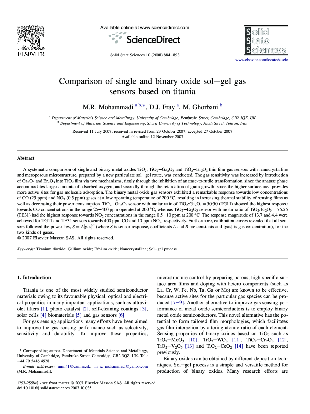 Comparison of single and binary oxide sol–gel gas sensors based on titania