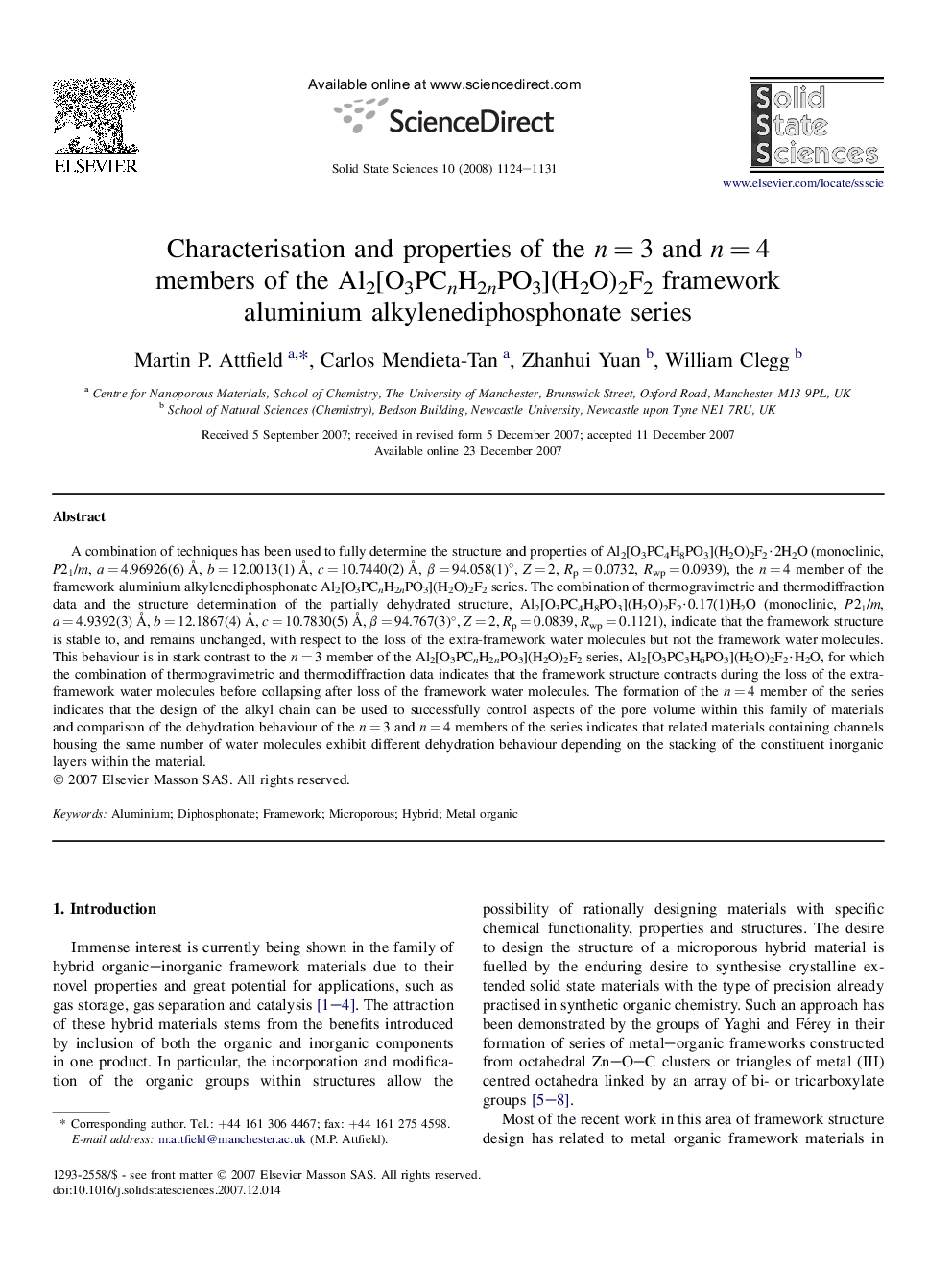 Characterisation and properties of the n = 3 and n = 4 members of the Al2[O3PCnH2nPO3](H2O)2F2 framework aluminium alkylenediphosphonate series