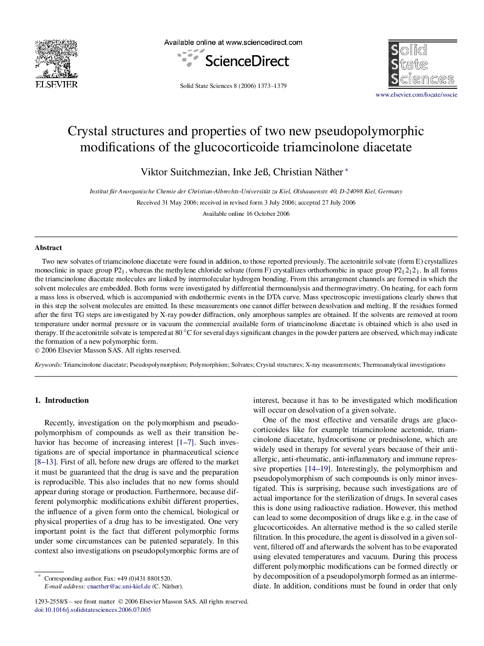 Crystal structures and properties of two new pseudopolymorphic modifications of the glucocorticoide triamcinolone diacetate