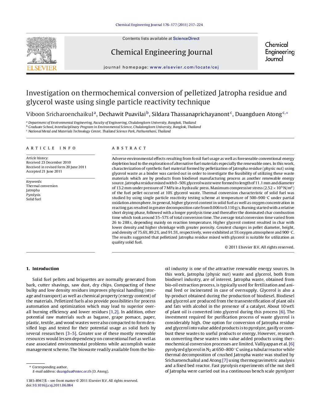 Investigation on thermochemical conversion of pelletized Jatropha residue and glycerol waste using single particle reactivity technique