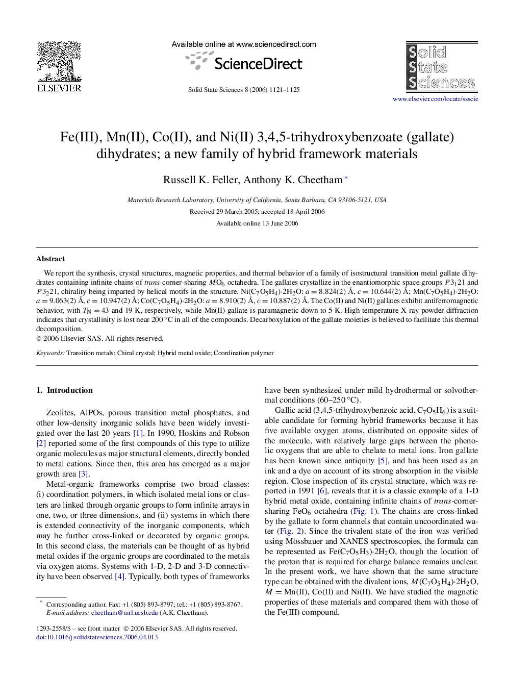 Fe(III), Mn(II), Co(II), and Ni(II) 3,4,5-trihydroxybenzoate (gallate) dihydrates; a new family of hybrid framework materials