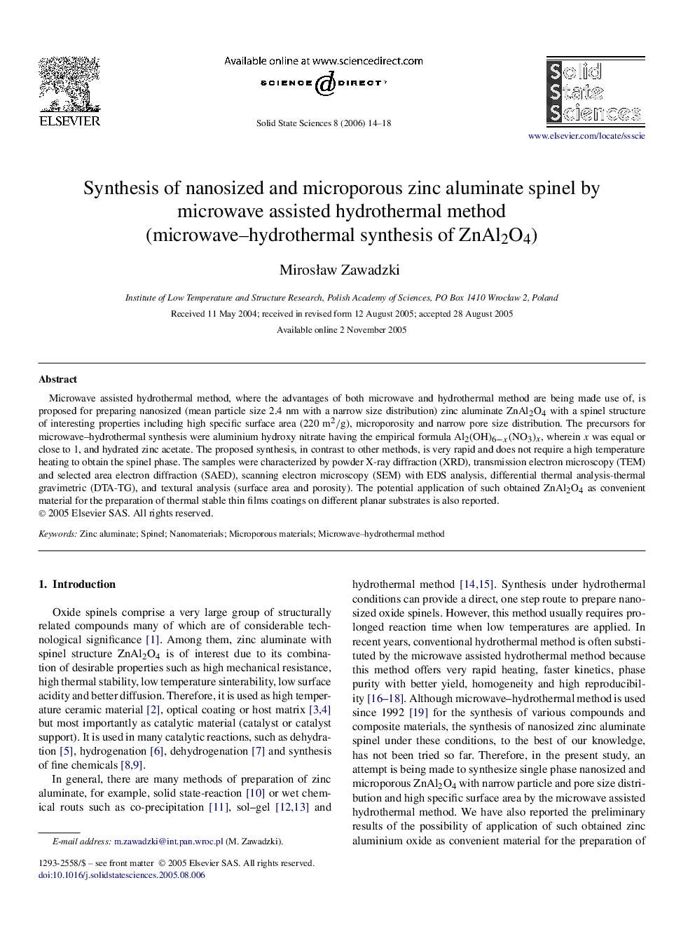 Synthesis of nanosized and microporous zinc aluminate spinel by microwave assisted hydrothermal method (microwave–hydrothermal synthesis of ZnAl2O4)