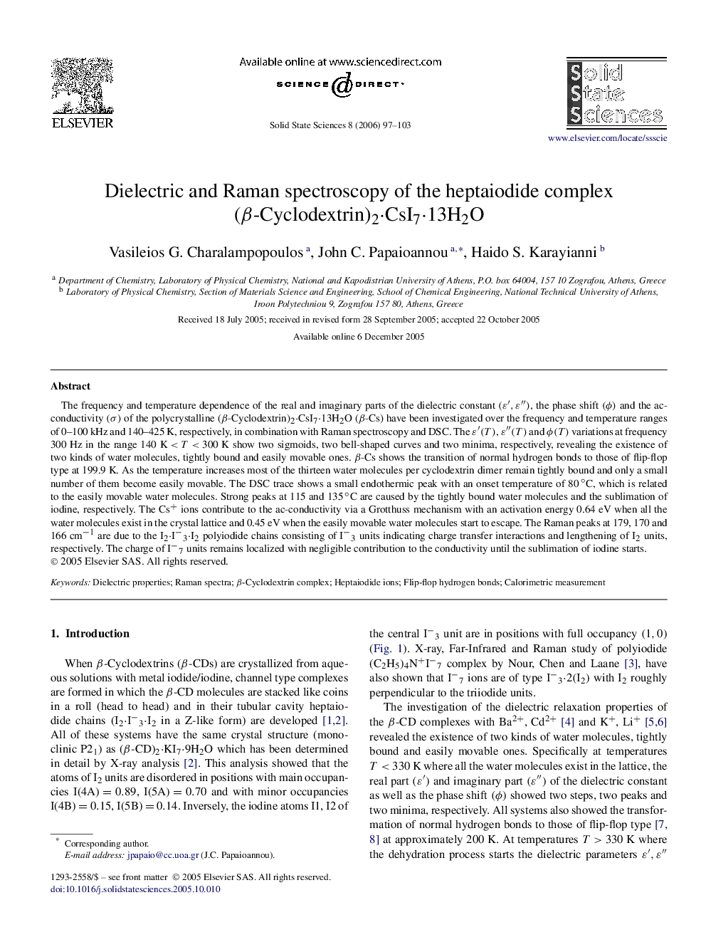 Dielectric and Raman spectroscopy of the heptaiodide complex (β-Cyclodextrin)2⋅CsI7⋅13H2O