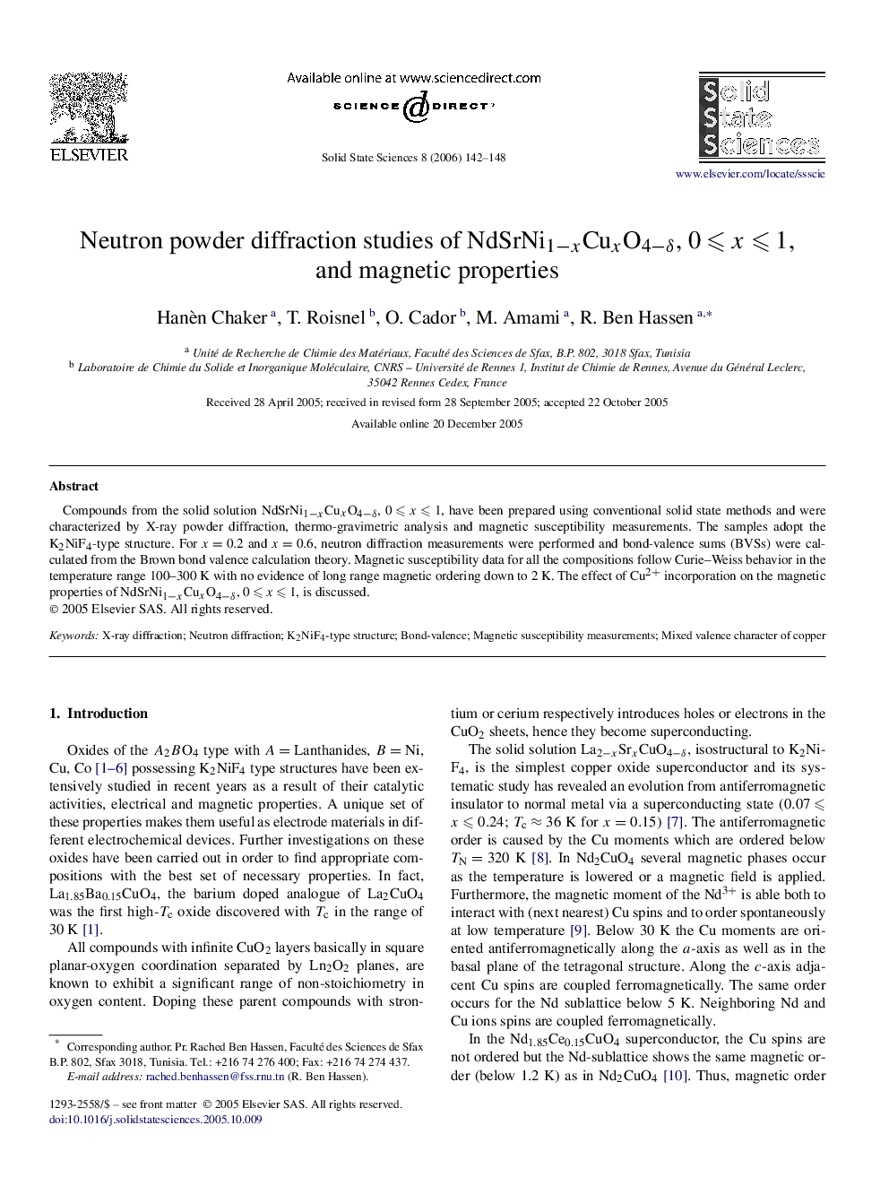 Neutron powder diffraction studies of NdSrNi1âxCuxO4âÎ´, 0â©½xâ©½1, and magnetic properties