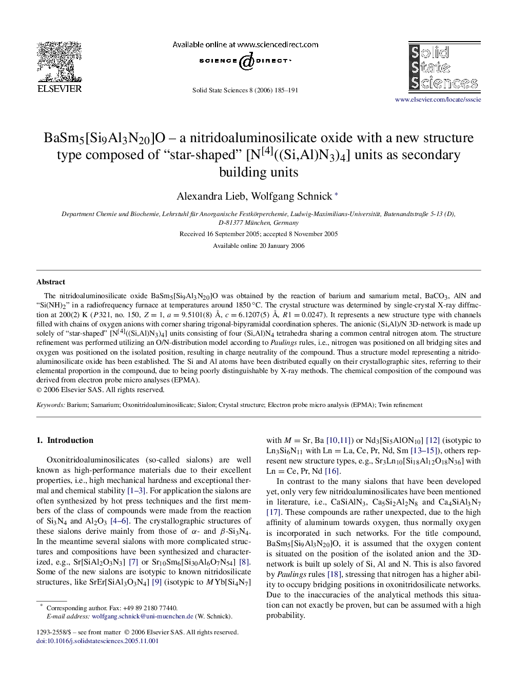 BaSm5[Si9Al3N20]O – a nitridoaluminosilicate oxide with a new structure type composed of “star-shaped” [N[4]((Si,Al)N3)4] units as secondary building units