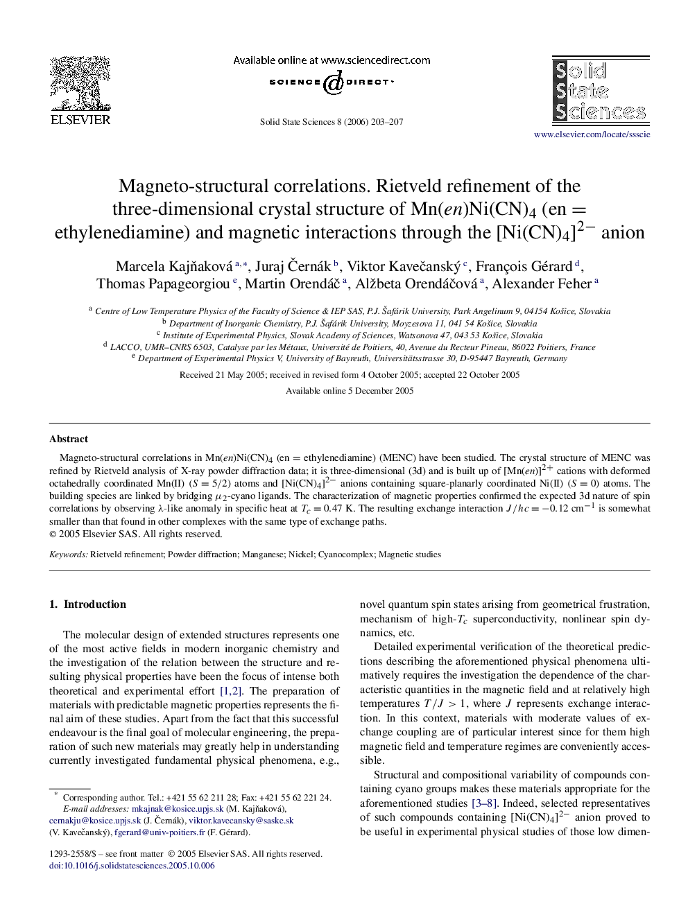 Magneto-structural correlations. Rietveld refinement of the three-dimensional crystal structure of Mn(en)Ni(CN)4 (en = ethylenediamine) and magnetic interactions through the [Ni(CN)4]2− anion