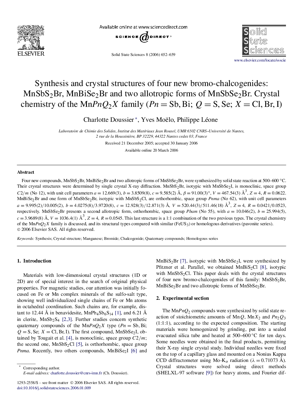 Synthesis and crystal structures of four new bromo-chalcogenides: MnSbS2Br, MnBiSe2Br and two allotropic forms of MnSbSe2Br. Crystal chemistry of the MnPnQ2XMnPnQ2X family (Pn=SbPn=Sb, Bi; Q=SQ=S, Se; X=ClX=Cl, Br, I)