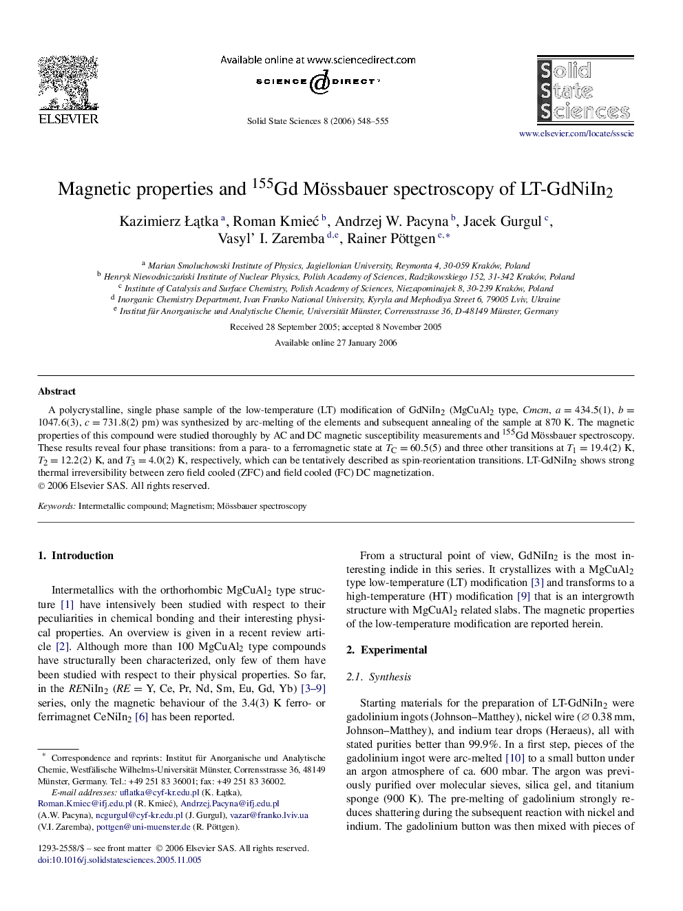 Magnetic properties and 155Gd Mössbauer spectroscopy of LT-GdNiIn2