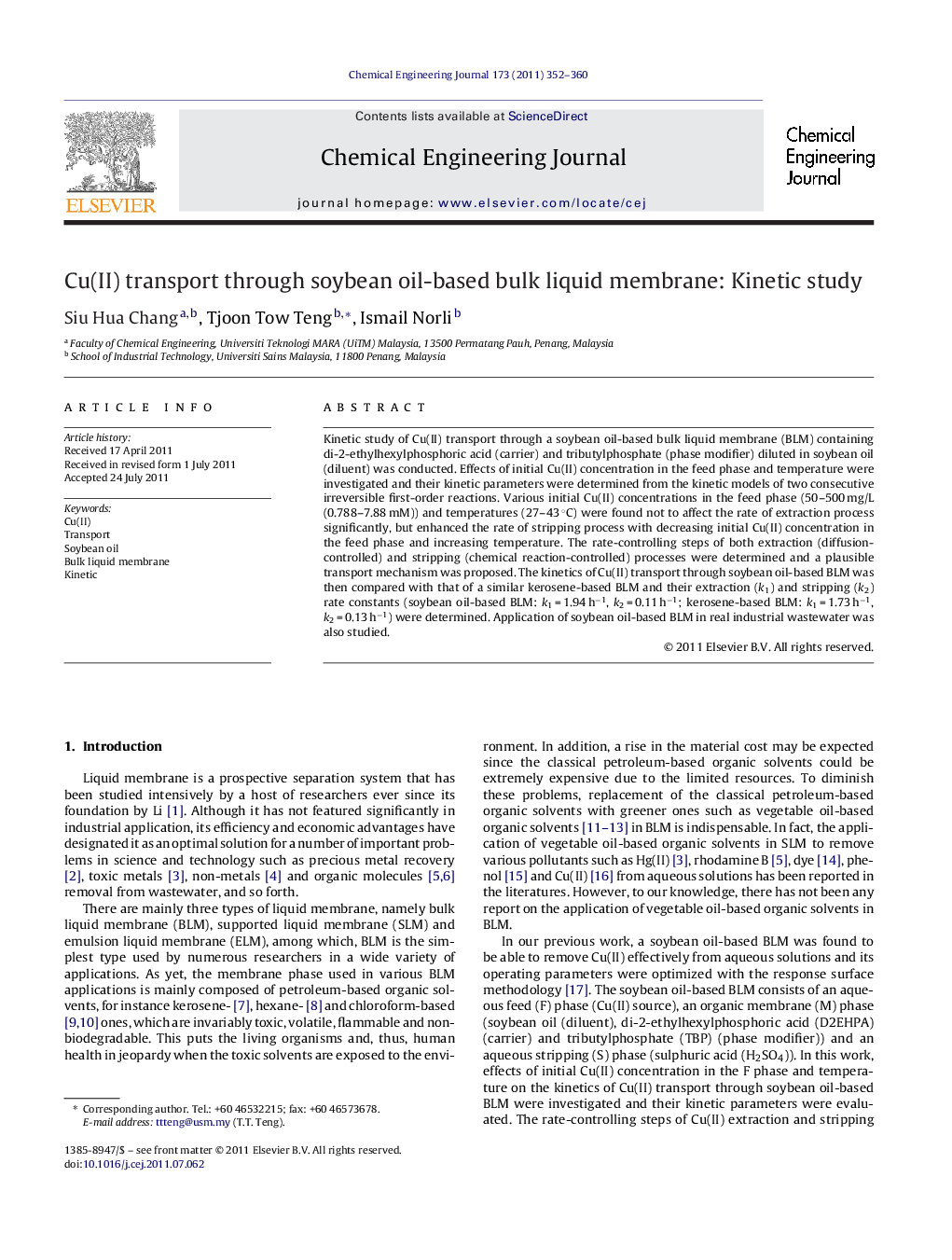 عکس صفحه اول مقاله: Cu(II) transport through soybean oil-based bulk liquid membrane: Kinetic study Cu(II) transport through soybean oil-based bulk liquid membrane: Kinetic study