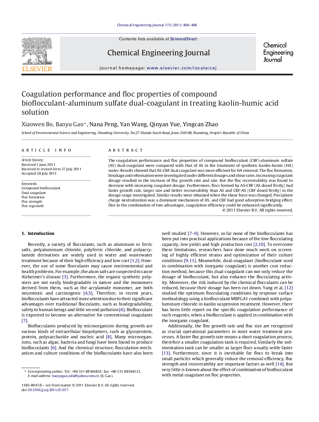 Coagulation performance and floc properties of compound bioflocculant-aluminum sulfate dual-coagulant in treating kaolin-humic acid solution