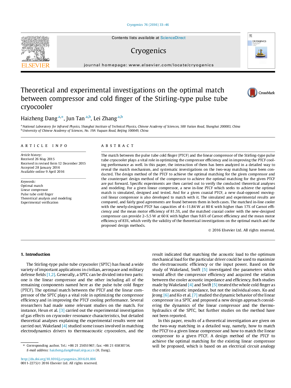 Theoretical and experimental investigations on the optimal match between compressor and cold finger of the Stirling-type pulse tube cryocooler