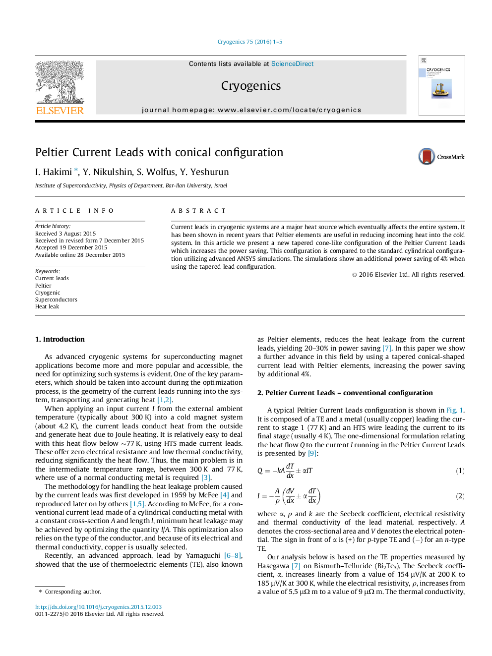 Peltier Current Leads with conical configuration