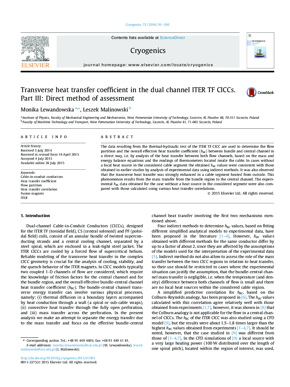 عکس صفحه اول مقاله: Transverse heat transfer coefficient in the dual channel ITER TF CICCs. Part III: Direct method of assessment Transverse heat transfer coefficient in the dual channel ITER TF CICCs. Part III: Direct method of assessment