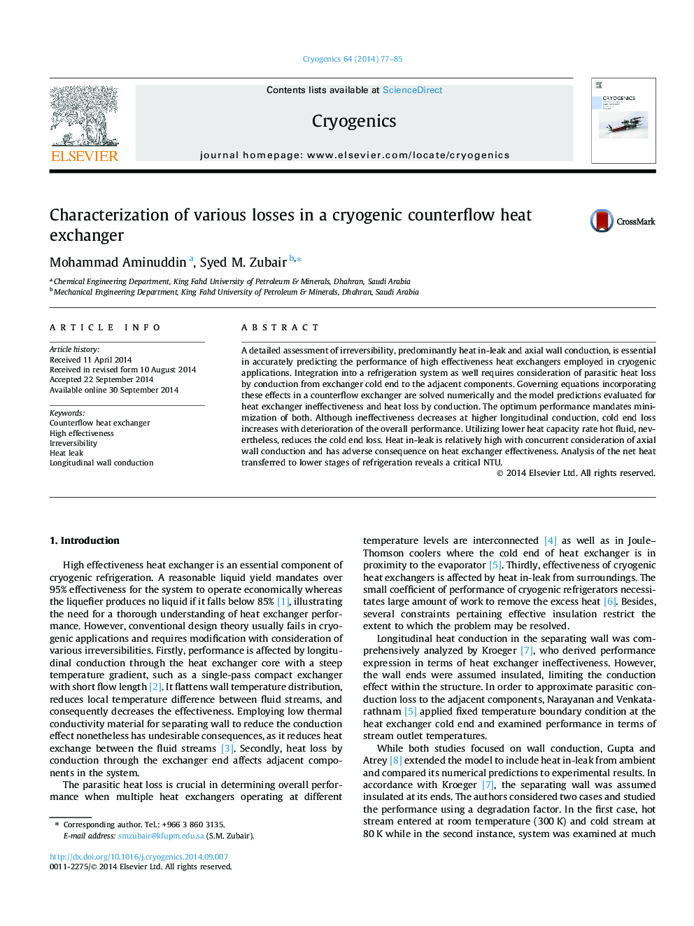 Characterization of various losses in a cryogenic counterflow heat exchanger