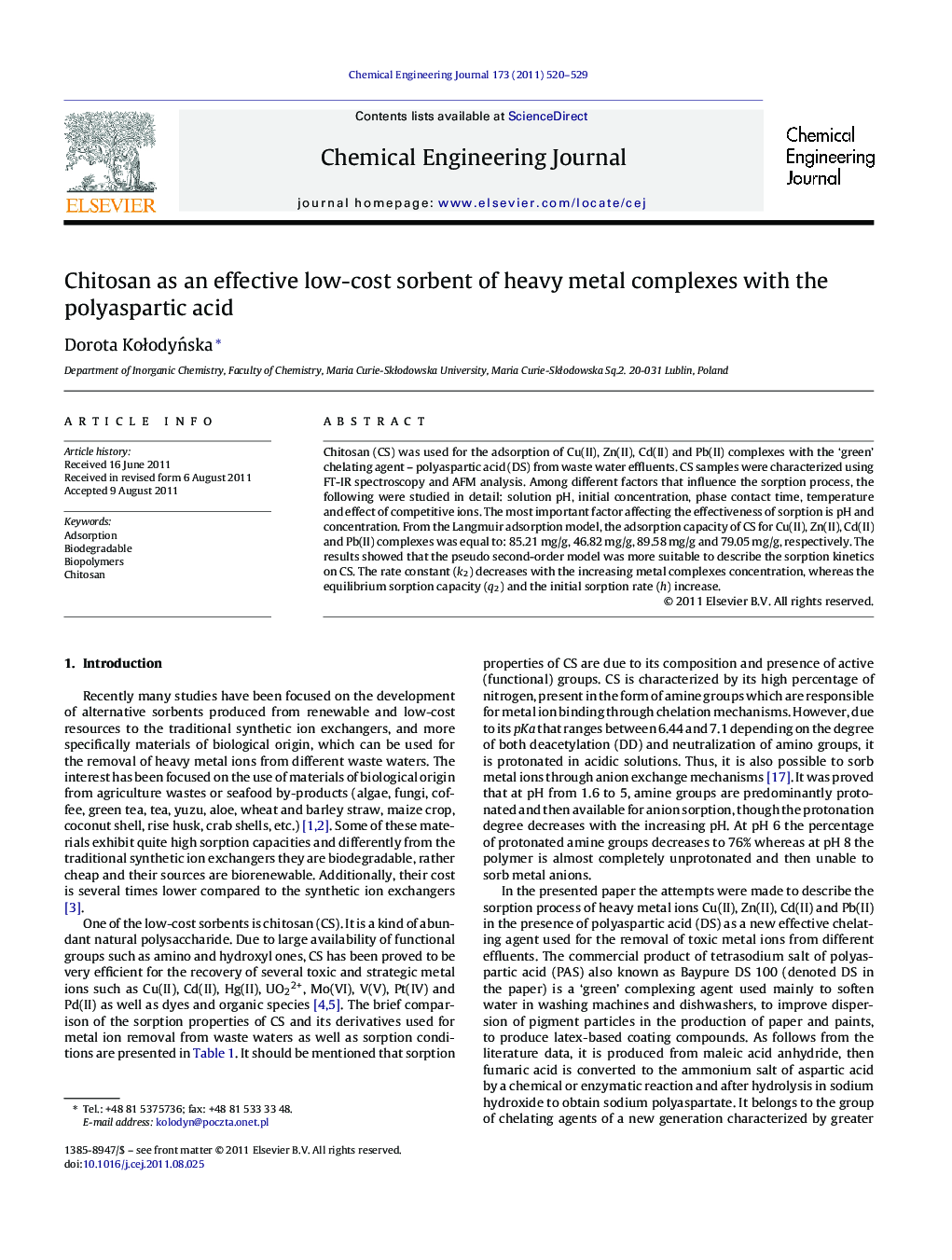 Chitosan as an effective low-cost sorbent of heavy metal complexes with the polyaspartic acid