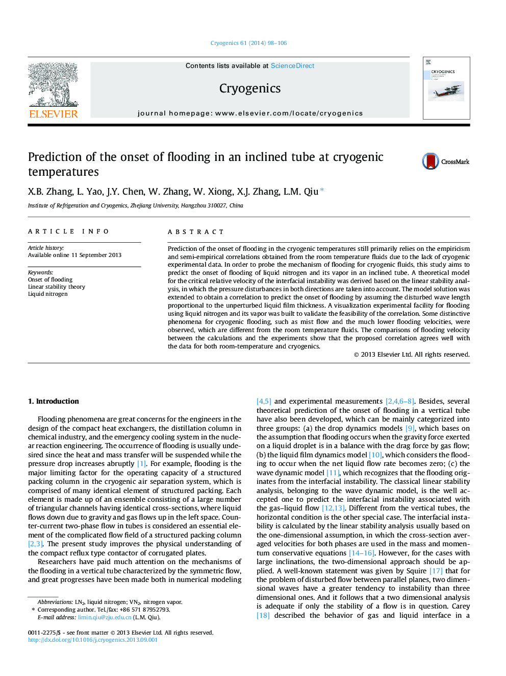 Prediction of the onset of flooding in an inclined tube at cryogenic temperatures