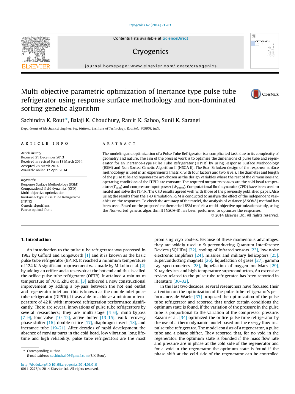 Multi-objective parametric optimization of Inertance type pulse tube refrigerator using response surface methodology and non-dominated sorting genetic algorithm