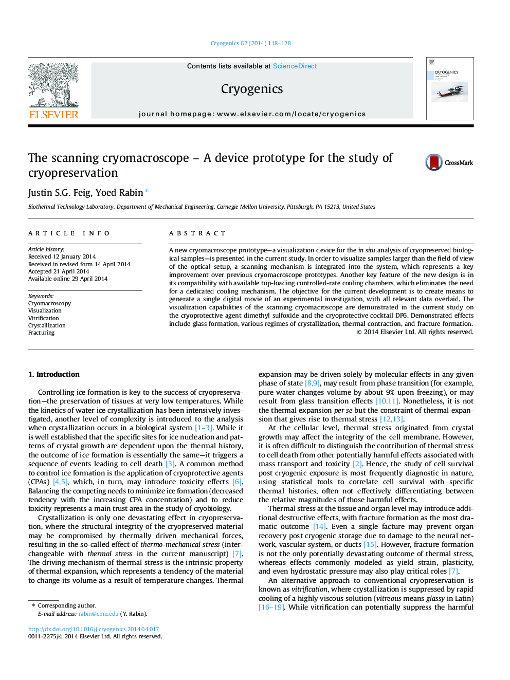 The scanning cryomacroscope - A device prototype for the study of cryopreservation