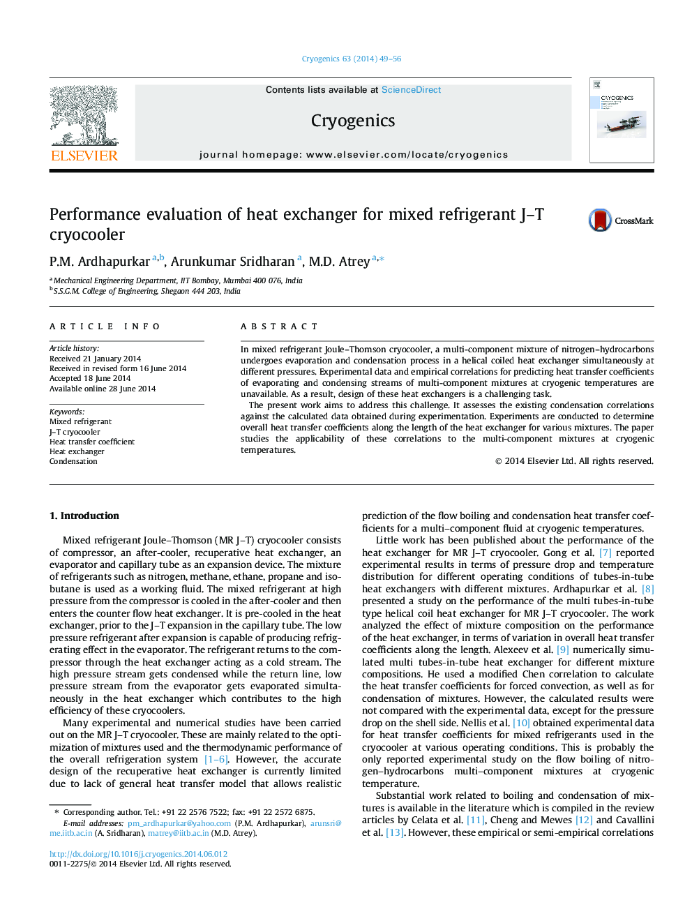 عکس صفحه اول مقاله: Performance evaluation of heat exchanger for mixed refrigerant J–T cryocooler Performance evaluation of heat exchanger for mixed refrigerant J–T cryocooler