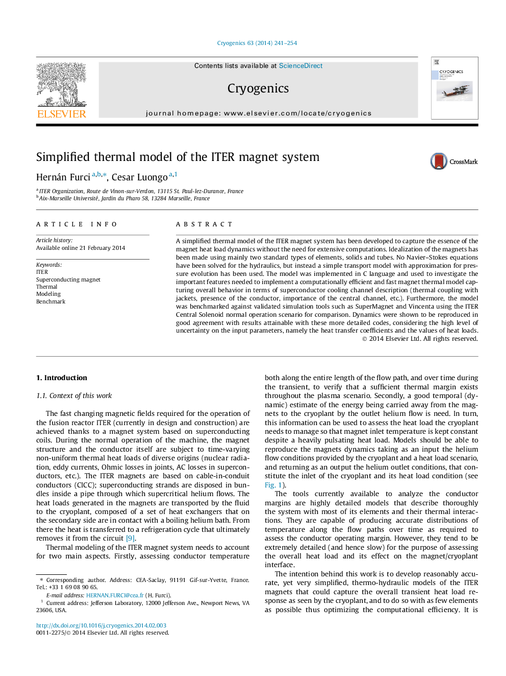 Simplified thermal model of the ITER magnet system