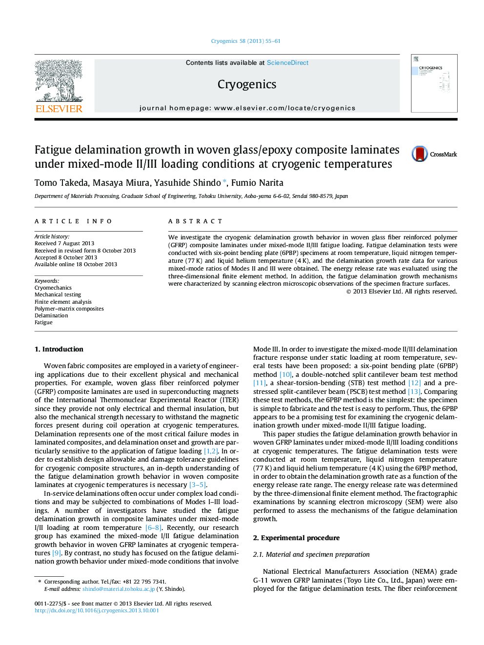 Fatigue delamination growth in woven glass/epoxy composite laminates under mixed-mode II/III loading conditions at cryogenic temperatures