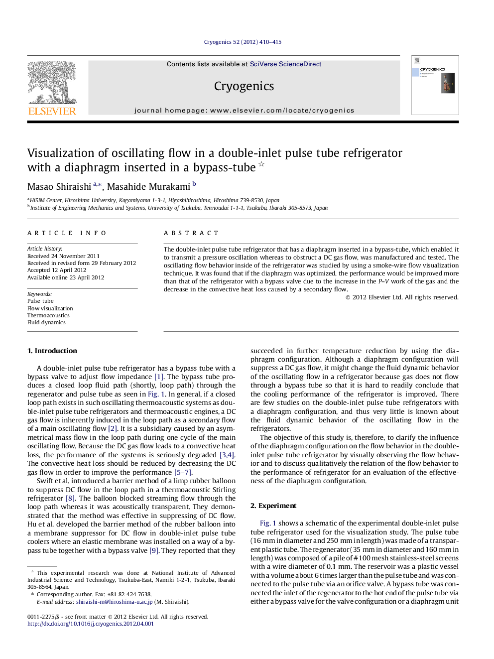 Visualization of oscillating flow in a double-inlet pulse tube refrigerator with a diaphragm inserted in a bypass-tube 