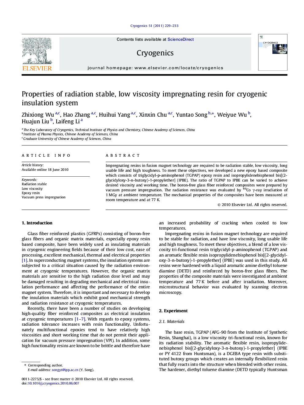 Properties of radiation stable, low viscosity impregnating resin for cryogenic insulation system