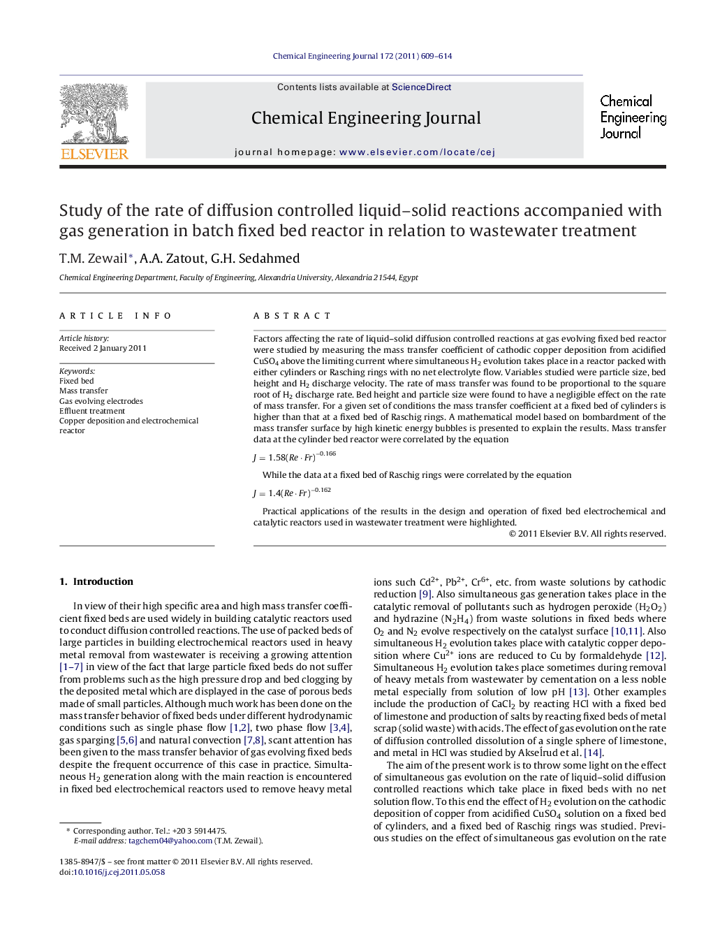 Study of the rate of diffusion controlled liquid–solid reactions accompanied with gas generation in batch fixed bed reactor in relation to wastewater treatment