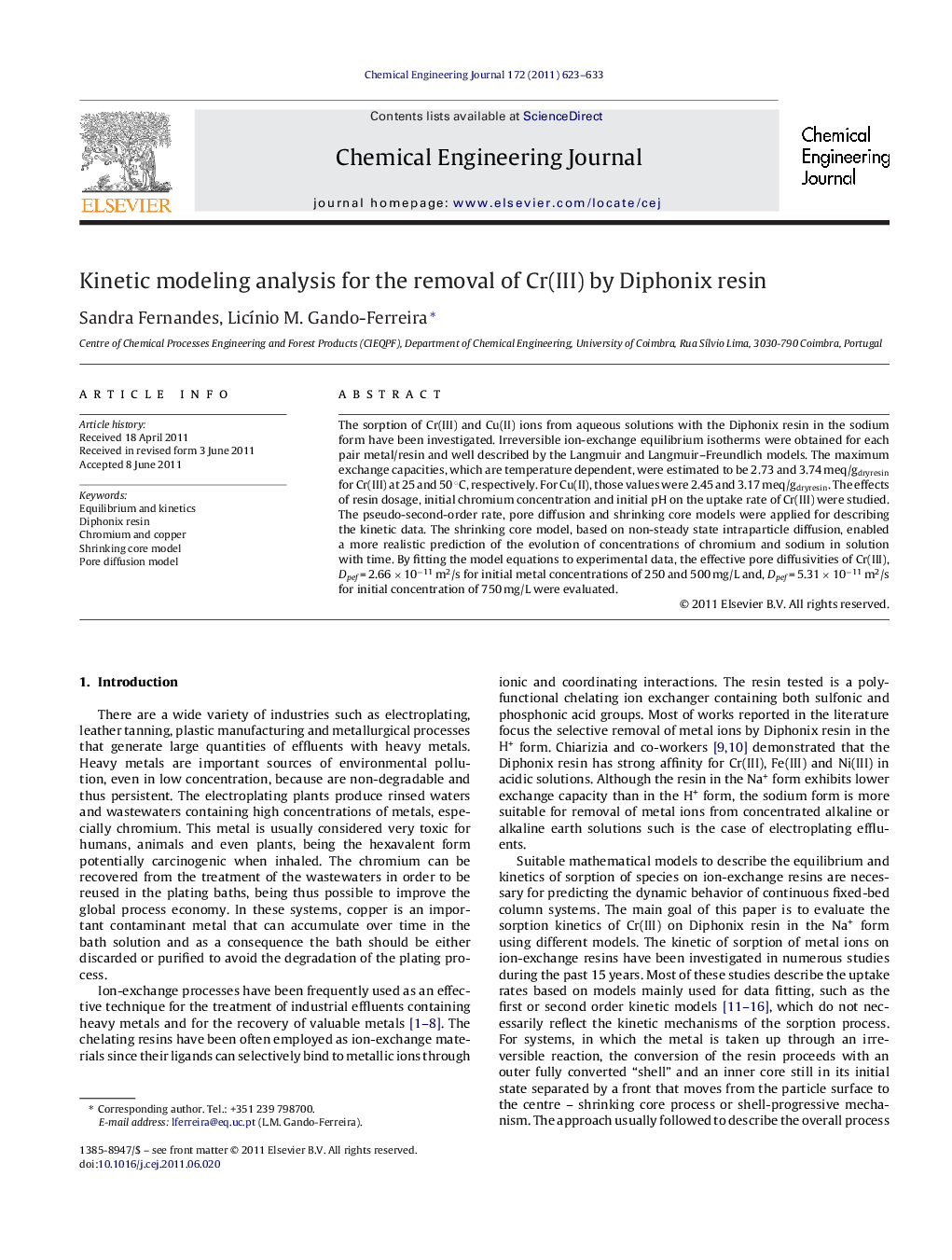 Kinetic modeling analysis for the removal of Cr(III) by Diphonix resin