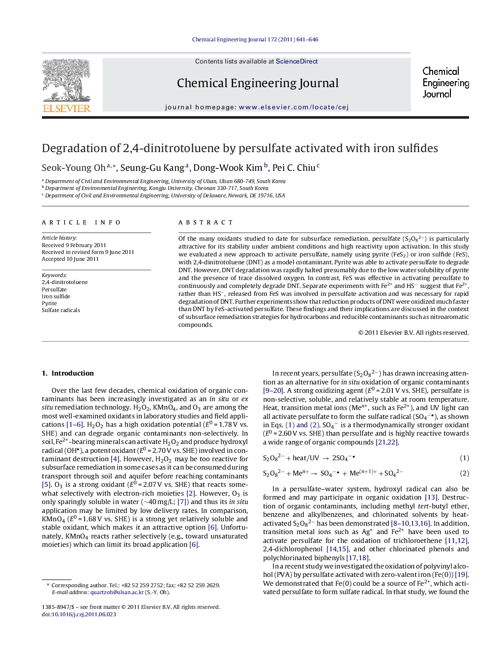 Degradation of 2,4-dinitrotoluene by persulfate activated with iron sulfides