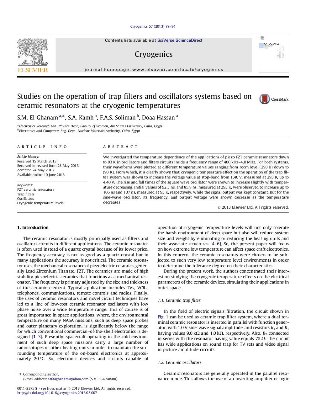 Studies on the operation of trap filters and oscillators systems based on ceramic resonators at the cryogenic temperatures