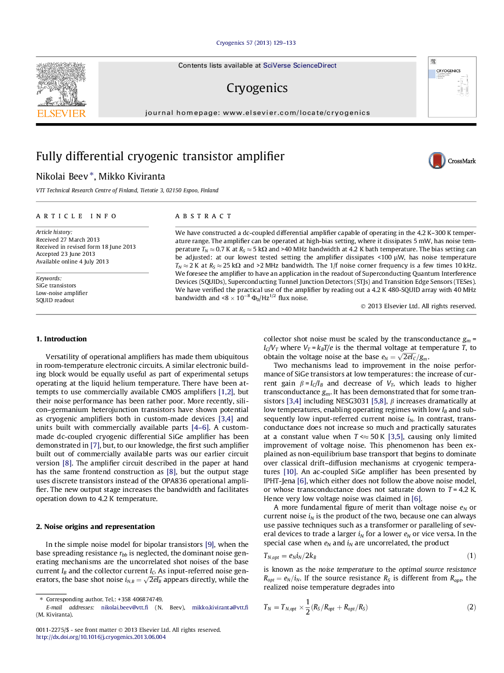 Fully differential cryogenic transistor amplifier