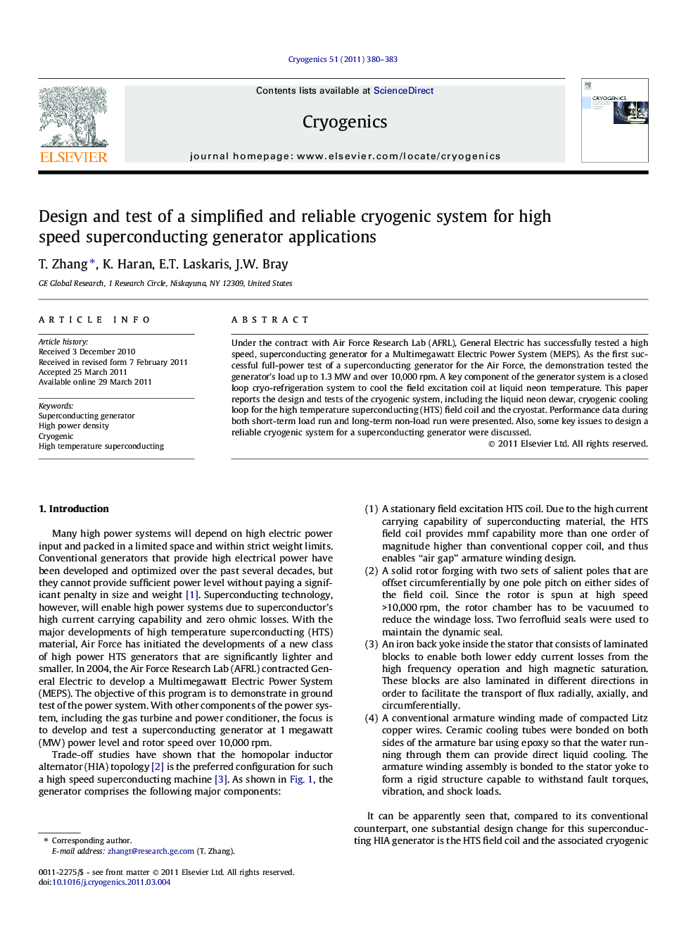 Design and test of a simplified and reliable cryogenic system for high speed superconducting generator applications