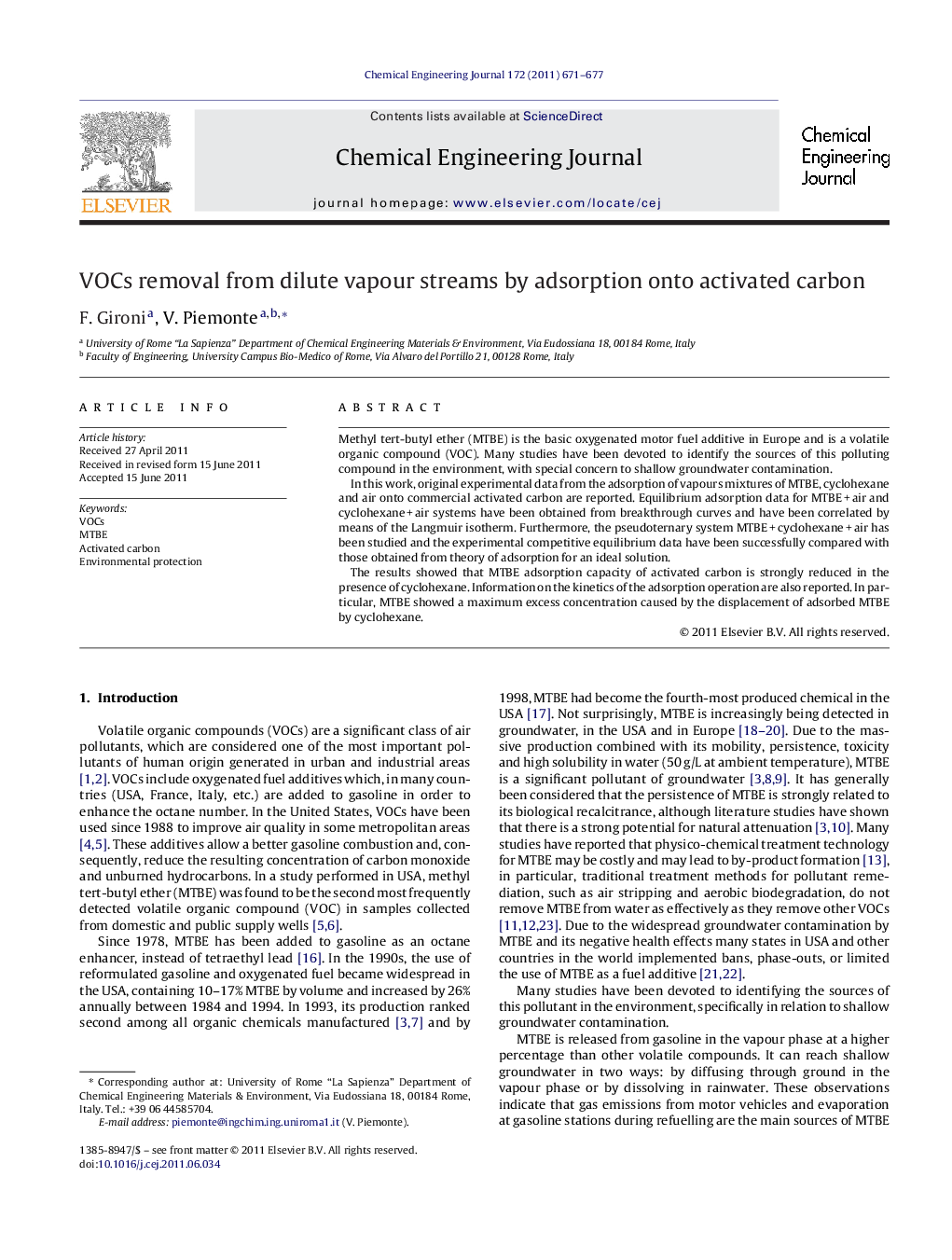 VOCs removal from dilute vapour streams by adsorption onto activated carbon