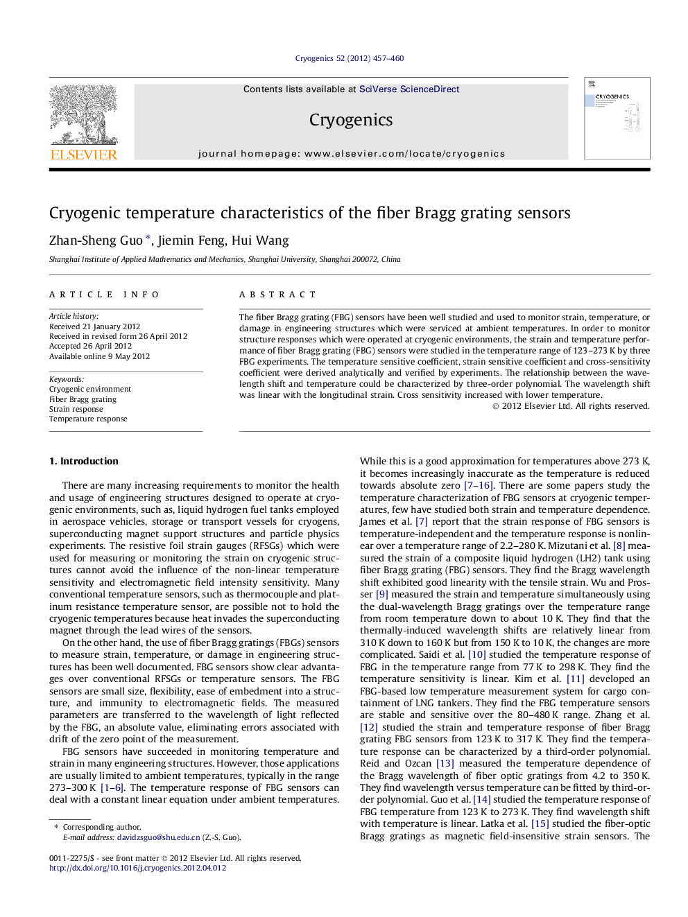 Cryogenic temperature characteristics of the fiber Bragg grating sensors