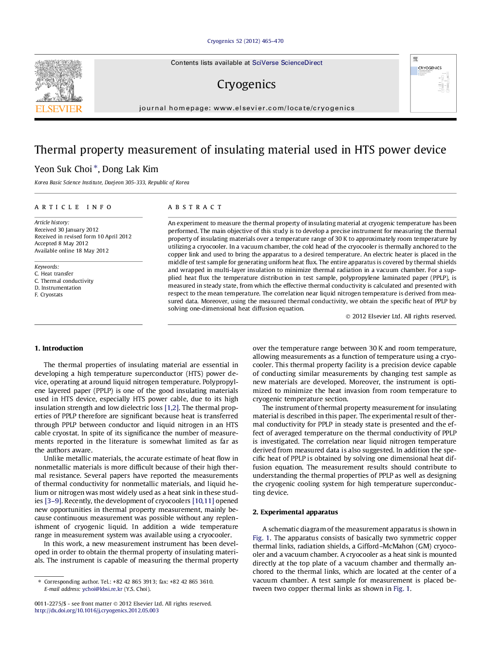 Thermal property measurement of insulating material used in HTS power device