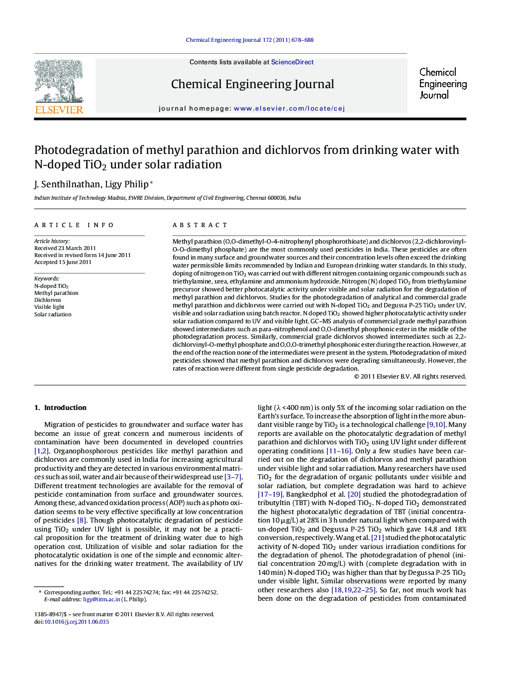 Photodegradation of methyl parathion and dichlorvos from drinking water with N-doped TiO2 under solar radiation