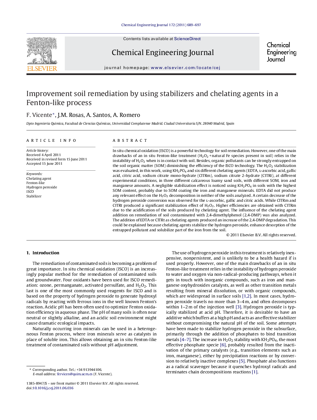 Improvement soil remediation by using stabilizers and chelating agents in a Fenton-like process